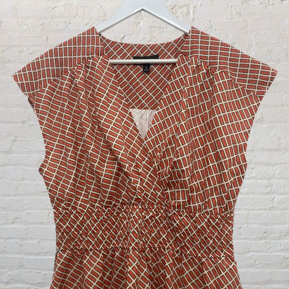 Banana Republic Factory Voile Mini Dress Size L Shirred Waist Orange Geo Print - Picture 5 of 16